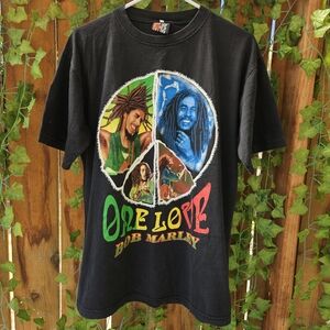 Vintage Black Bob Marley Double Sided Peace Sign Graphic T-Shirt